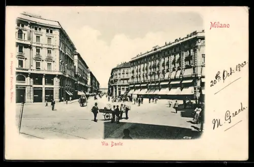 AK Milano, Via Dante con passanti e edifici storici