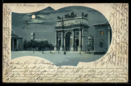 Lithographie Milano, Arco della Pace di notte sotto la luna