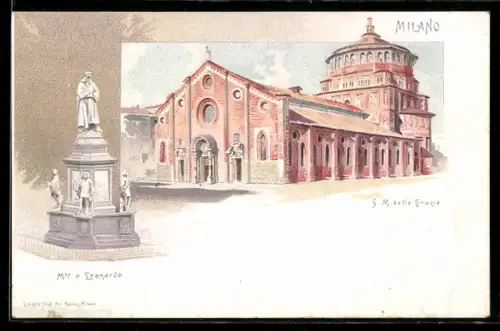 Lithographie Milano, S. M. delle Grazie e Monumento a Leonardo