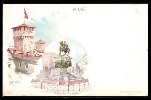 AK Milano, Monumento a Vittorio Emanuele e Castello Sforzesco