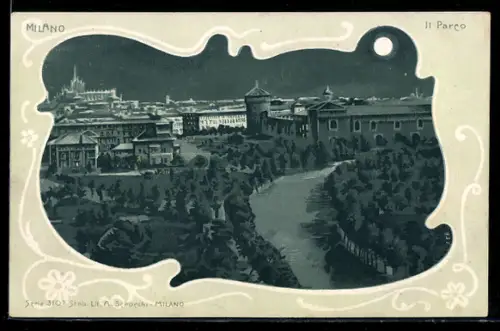 Lithographie Milano, Il Parco con vista sul Castello Sforzesco e Duomo di notte