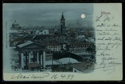 Mondschein-AK Milano, Vista notturna con il tempio e campanile illuminati