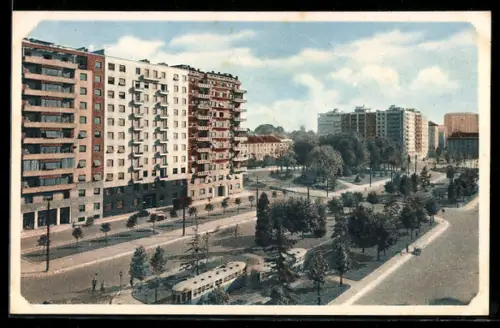 AK Milano, Piazzale Fiume, Vista degli edifici residenziali con tram e area verde