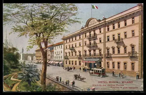 AK Milano, Hotel Manin vis-à-vis dei Giardini Pubblici con tram e carrozze
