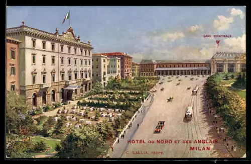 AK Milano, Hotel du Nord et des Anglais con tram e stazione centrale