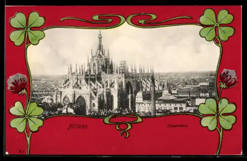 AK Milano, Panorama del Duomo con decorazione floreale