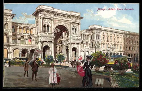 AK Milano, Galleria Vittorio Emanuele con tram e passanti eleganti