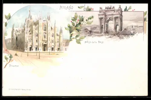 Lithographie Milano, Duomo e Arco della Pace con decorazioni floreali