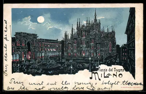 Lithographie Milano, Piazza del Duomo al chiaro di luna con la cattedrale illuminata e il cielo stellato