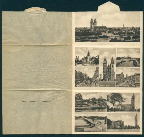 Klapp-AK Magdeburg, Dom mit S. A. Ehrenmal, Hasselbachplatz, Brücke der Pioniere mit Strassenbahn, Adolf Mittag See