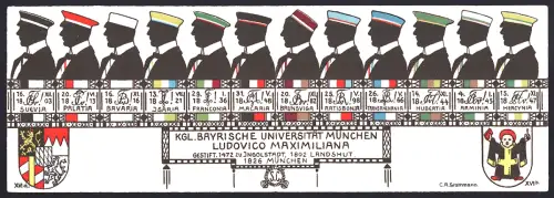 Klapp-AK München, Kgl. bayrische Universität, Wappen, Münchner Kindl, Studenten mit Couleur