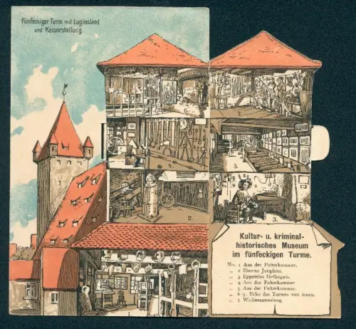 Klapp-AK Nürnberg, Fünfeckiger Turm mit Luginsland und Kaiserstallung, Innenansicht