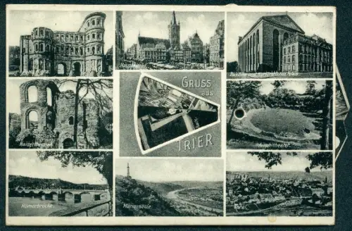 Revolver-AK Trier, Basilika und Kurfürstliches Palais, Amphitheater, Mariensäule, Domkreuzgang, St. Pauluskirche