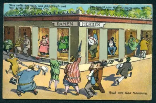 Mechanische-AK Bad Homburg, Personen rennen zu den Toiletten, aufklappbare Türen