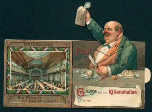 Mechanische-AK Heilbronn, Restaurant Kilianshallen, Saalbau, Herr mit Bierkrug Kiliansbräu