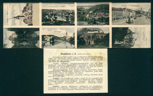 Klapp-AK Waldheim i. S., Obermarkt, Zschopautal, Goldene Höhe, Diedenhainer Viadukt, Rathaus mit Wettinbrunnen