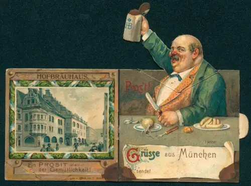 Mechanische-AK München, Das Hofbräuhaus, ein Mann beim Prosten, Pop-Up-Effekt