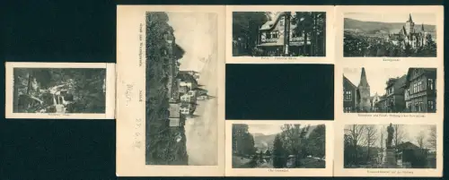 Klapp-AK Wernigerode, Blick auf das Schloss, Hotel Steinerne Renne, Westerntor, Brockengipfel, Bismarckdenkmal