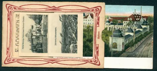 Zugbild-AK Göggingen, Ortopäd. Anstalt, Schule, Neues Krankenhaus, Zwirnerei und Nähfadenfabrik, Kurhaus