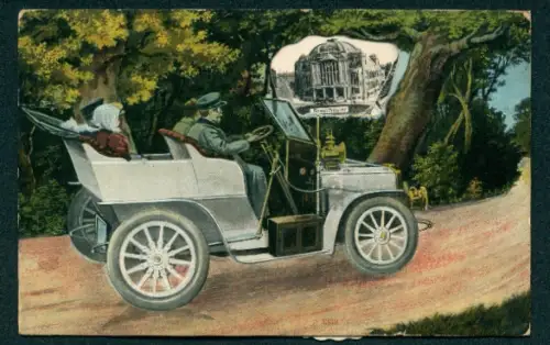 Revolver-AK Bochum, Auto mit rotierenden Ortspartien, Stadttheater, Partie in der Kortumstrasse und Bruckstrasse