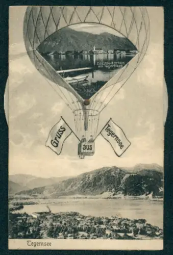 Revolver-AK Tegernsee, Heissluftballon über dem Ort mit rotierenden Ortspartien, darunter Kuranstalt Bad Kreuth