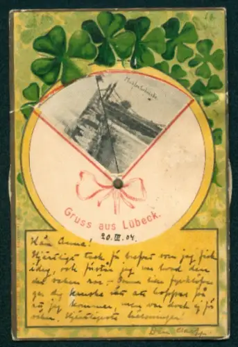 Revolver-AK Lübeck, Verschiedene Ortspartien, darunter Mühlentorbrücke, Kleeblätter im Passepartout