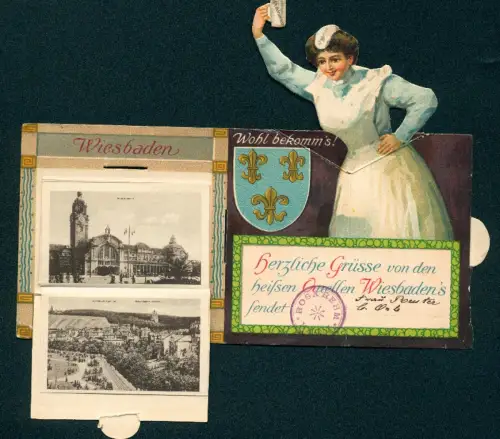 Leporello-Mechanische-AK Wiesbaden, Verschiedene Ortspartien mit ausklappbahrer Dame mit Bierglas