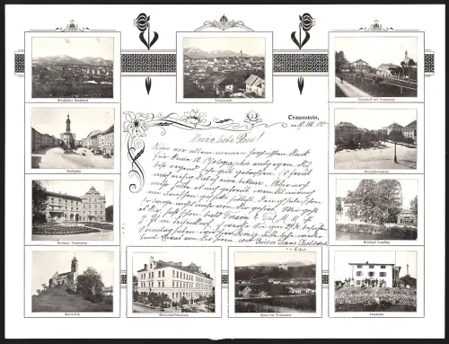 Leporello-AK Traunstein, Verschiedene Ortspartien, Stadtplatz, Totalansicht, Kurhaus Traunstein