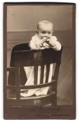 Fotografie S. Hertrich, Wilkau, Herrmannstr., Porträt sitzendes Baby in einem Stuhl, September 1910