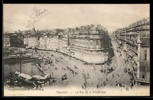 AK Marseille, La Rue de la République, Pferdebahn