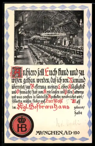 AK München, Kgl. Hofbräuhaus, Innenansicht und Trinkerurkunde