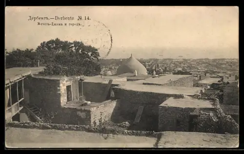 AK Derbent, Moschee und Blick über die Stadt mit Kaspischem Meer im Hintergrund