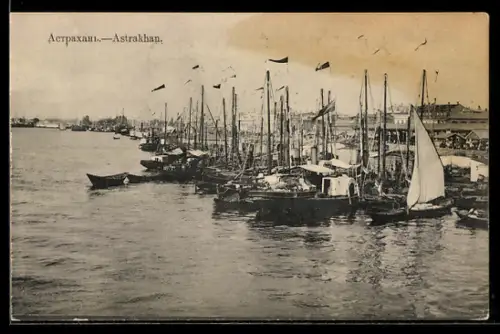 AK Astrachan, Teilansicht der Stadt mit Hafen
