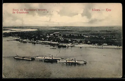 AK Kiew, Truchanow-Insel aus der Vogelschau, Raddampfer auf dem Dnepr