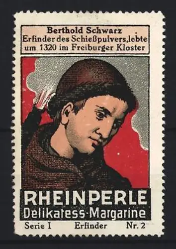 Reklamemarke Rheinperle, Margarinenfabrik, Delikatess-Margarine, Portrait Berthold Schwarz