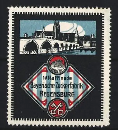 Reklamemarke Regensburg, Bayerische Zuckerfabrik, Brücke und Ortsansicht