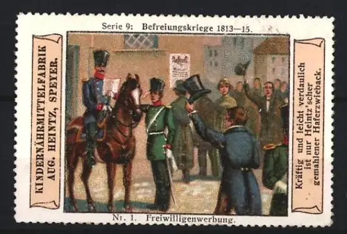 Reklamemarke Speyer, Aug. Heintz, Kindernährmittelfabrik, Freiwilligenwerbung, Befreiungskriege 1813-15