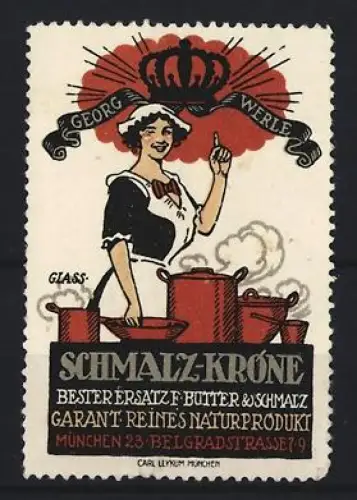 Reklamemarke München, Georg Werle, Butter-Ersatz, Schmalz-Krone, Frau mit Krone