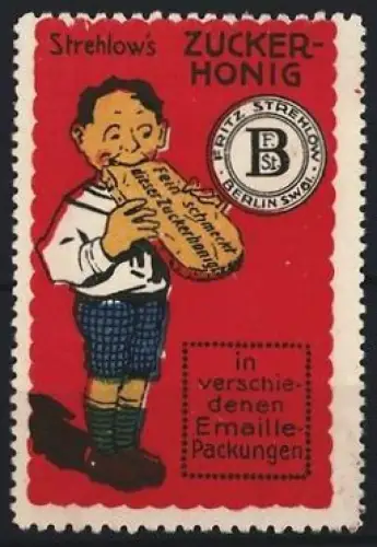 Reklamemarke Berlin, Fritz Strehlow, Zucker-Honig, Junge mit Gebäck