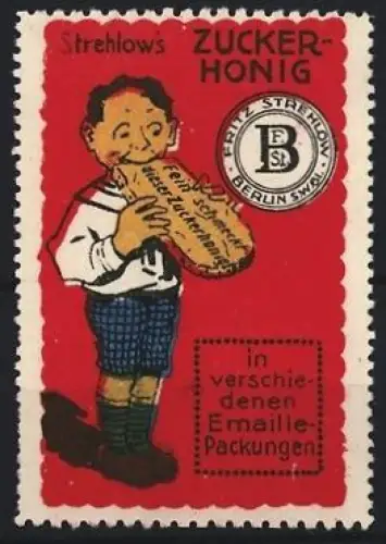 Reklamemarke Berlin, Fritz Strehlow, Zuckerhonig, Junge mit Brot