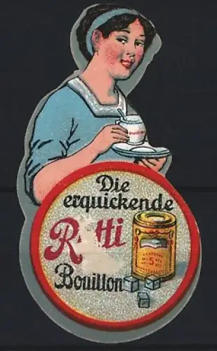 Reklamemarke Rotti Bouillon, Frau mit Tasse und Bouillon-Dose