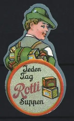 Reklamemarke Rotti, Suppenmischungen, Frau mit Suppenpackungen