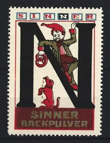 Reklamemarke Sinner, Backpulver, Buchstabe N mit Kobold und Hund