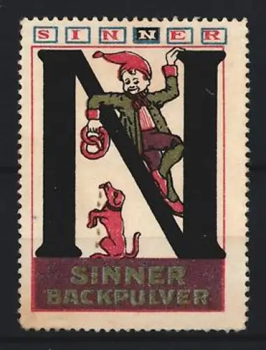 Reklamemarke Sinner, Backpulver, Buchstabe N mit Figur und Hund