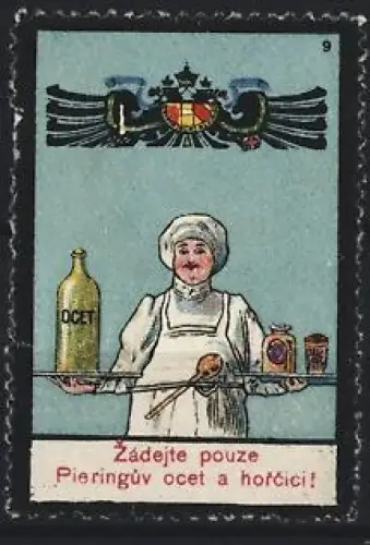 Reklamemarke Pieringúv ocet a horcici, Doppeladler und Koch mit Flaschen