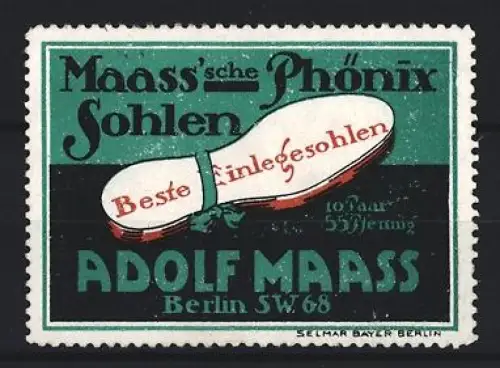 Reklamemarke Berlin, Adolf Maass, Einlegesohlen, Phönix Sohlen, Darstellung eines Schuhs