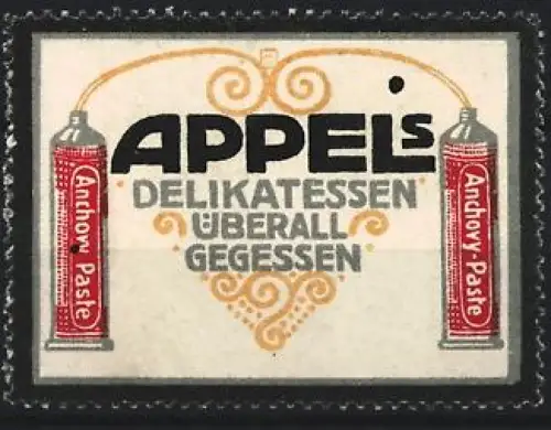 Reklamemarke Appel, Delikatessengeschäft, Anchovy Paste Tuben