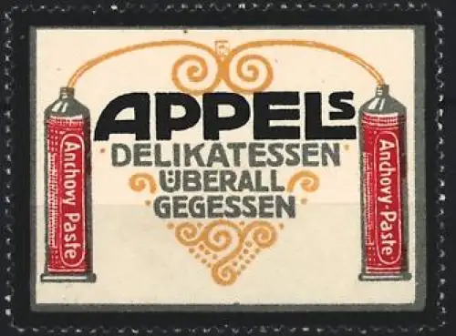 Reklamemarke Appel, Delikatessengeschäft, Anchovy Paste Tuben