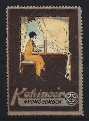 Reklamemarke Kohinoor, Radiergummi, NYOMÓGOMBOK, Frau am Fenster