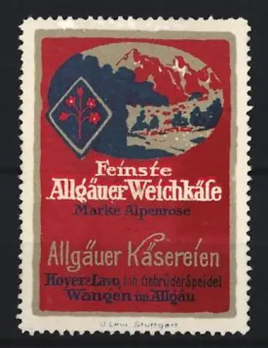 Reklamemarke Wangen, Hoyer & Lavo, Inh. Gebr. Speidel, Allgäuer Weichkäse, Alpenlandschaft